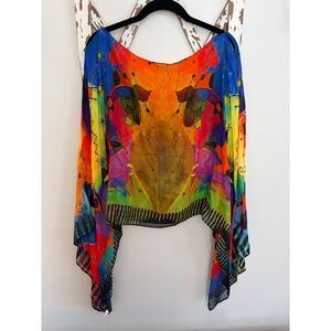 Dilemma New York silk poncho vibrant abstract multicolor print button detail